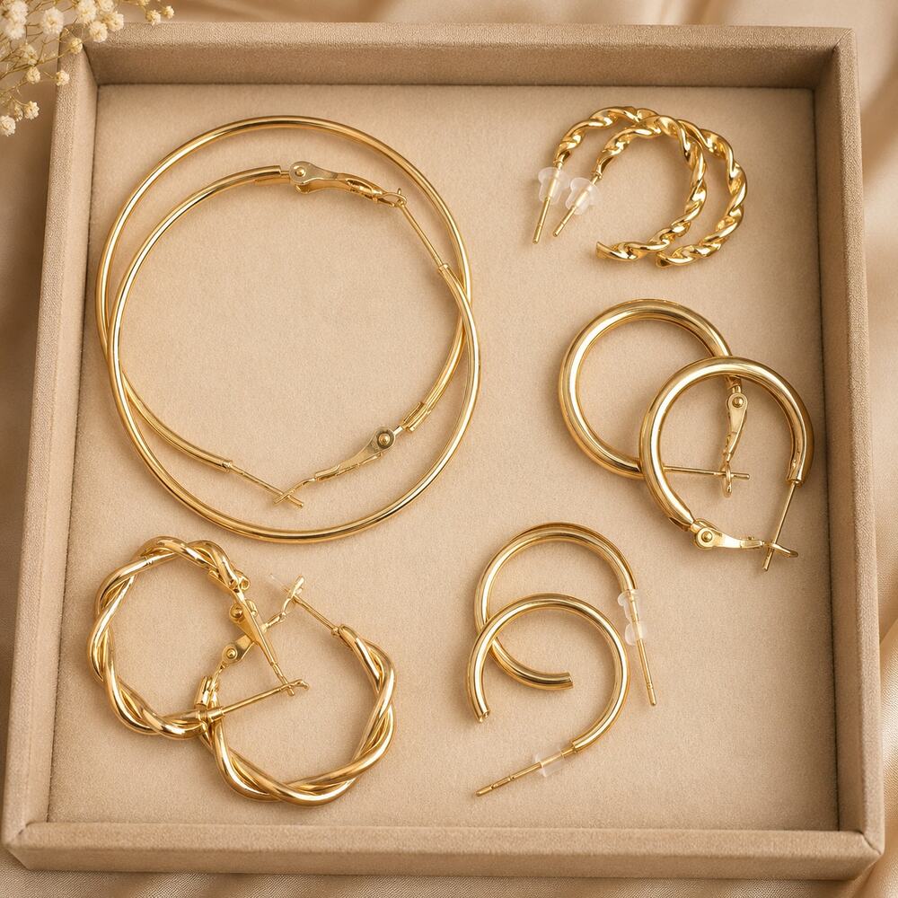 5 Pairs Gold Hoop Earrings Mixed Sizes Fashion Jewelry Set Brand New